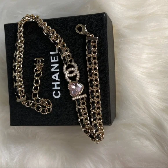 CHANEL I Love CC pearl logo Pink Heart leather woven chain Choker Necklace - Picture 11 of 15